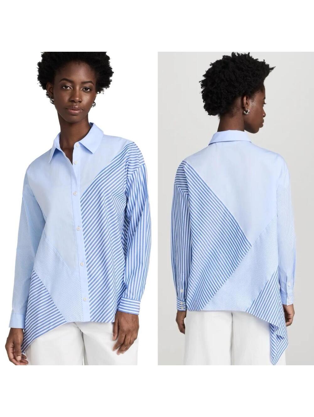 $255 Naadam Cotton Asymmetrical Stripe Mix Shirt Top *XL(FLAW)